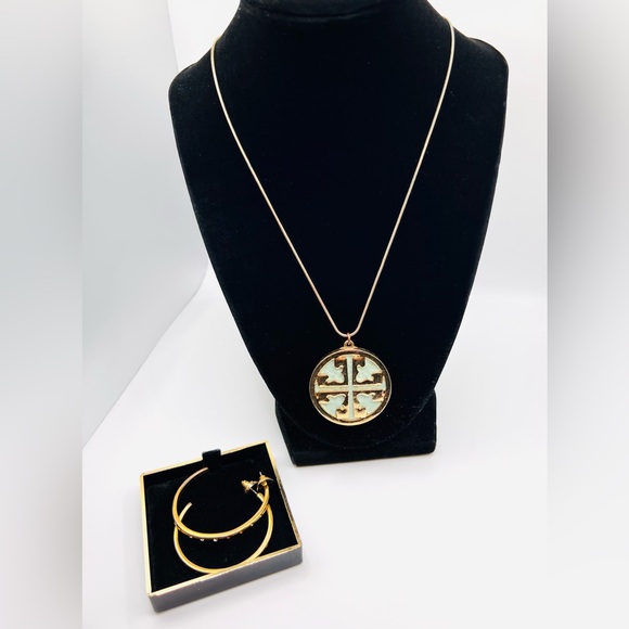 Tory Burch Gold Tone Medallion Statement Necklace & Hoop Earring Set - Picture 1 of 11